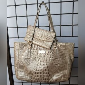 Brahmin 3pcSet Melbourne Asher Tote Bag Wallet&Case Crocodile Embossed Champagne